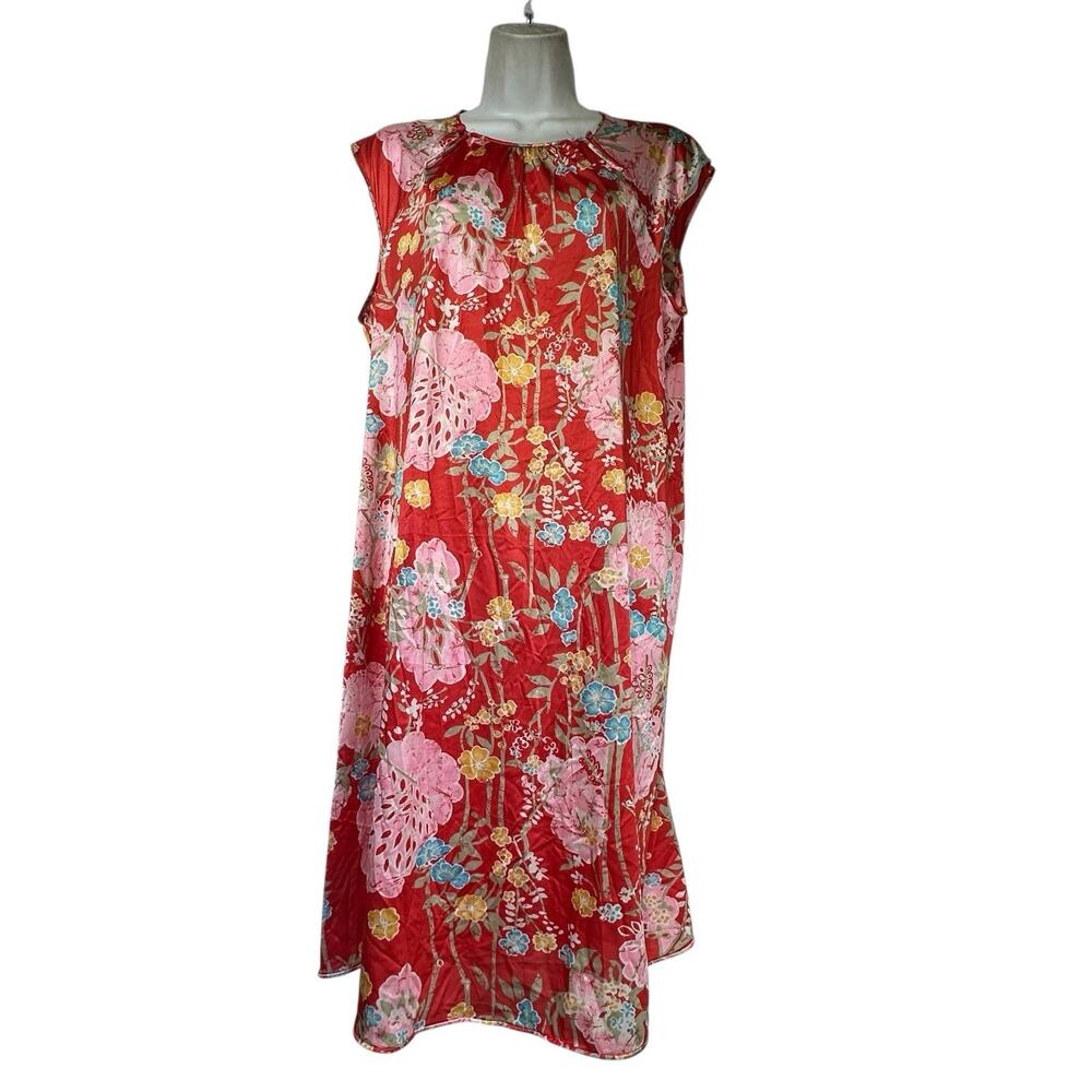Vanity Fair Red Floral Sleeveless Nylon Nightgown Size M Lounge Dress